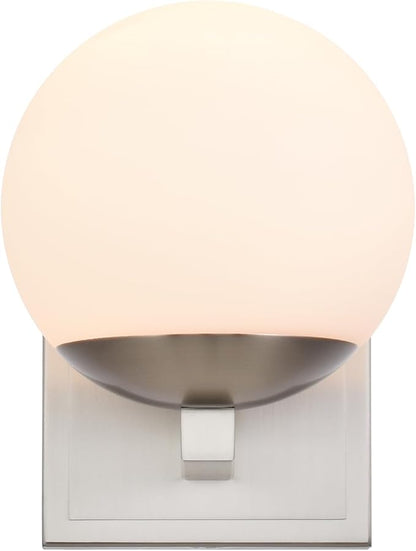 Brshed Nickel Wall Sconce Light, Modern Sconces Wall Lighting, 1 Light Globe Bathroom Vanity Lighting with Opal Glass Shade, Wall Light for Bedroom Bathroom Living Room Entryway Hallway