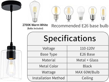 MAYNA 2 Pack Black Pendant Lights Kitchen Island, Mini Pendant Light Fixture with Clear Glass Shade, Adjustable Cord Industrial Farmhouse Hanging Ceiling Lamp for Dining Room, Sink, Bar(Bulb Included)