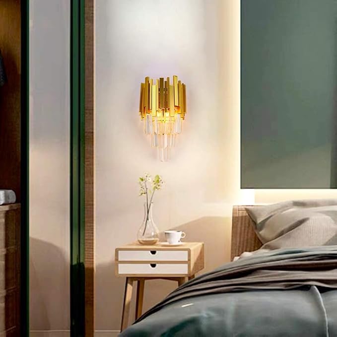 FRIXCHUR Gold Crystal Wall Light 3 Tiers Crystal Wall Sconce Lighting Led Wall Lamp Modern Wall Light Bedside Crystal Wall Lamp for Bedroom Bathroom Living Room Hallway Staircase 2X E12