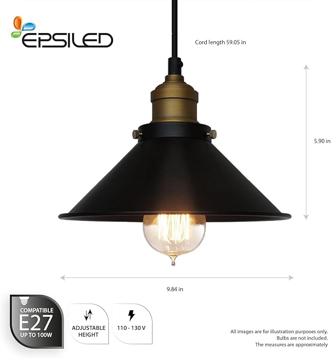 Black Industrial Pendant Light, 9.84" Vintage Hanging Light Fixture, E27 Ceiling Lamp for Kitchen Island, Dining Room, Farmhouse, Rustic Loft, Bar, Café