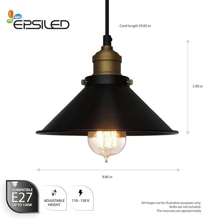 Black Industrial Pendant Light, 9.84" Vintage Hanging Light Fixture, E27 Ceiling Lamp for Kitchen Island, Dining Room, Farmhouse, Rustic Loft, Bar, Café
