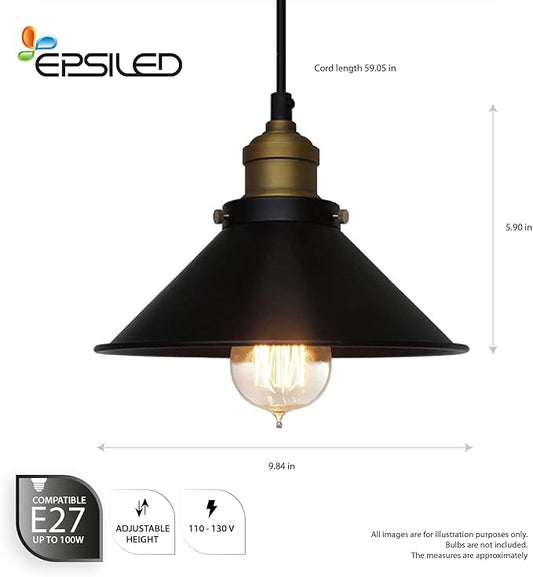 Black Industrial Pendant Light, 9.84" Vintage Hanging Light Fixture, E27 Ceiling Lamp for Kitchen Island, Dining Room, Farmhouse, Rustic Loft, Bar, Café