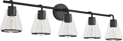 Bathroom Vanity Light 5 Light, Modern Vanity Lighting Fixture for Bathroom, 38.5" Vanity Lights with Clear Glass Shade, Black Bath-Room Wall Light Over Mirror, Wall Sconces for Bath