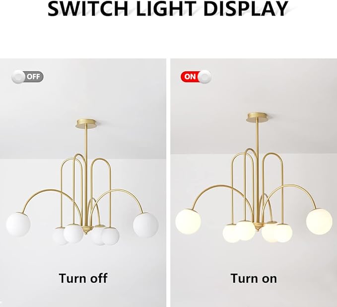 Mid Century Modern Brass Sputnik Chandelier 6-Lights Milk Glass Globe Pendant Light Fixture Nordic Gold and White Chandelier Ceiling Light for Kitchen Island Dining Room