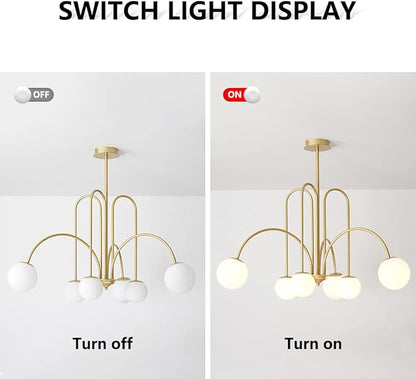 Mid Century Modern Brass Sputnik Chandelier 6-Lights Milk Glass Globe Pendant Light Fixture Nordic Gold and White Chandelier Ceiling Light for Kitchen Island Dining Room