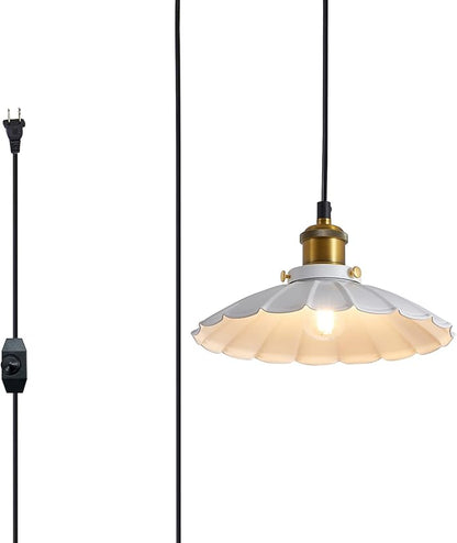 Plug in Pendant Light Industrial 9.8 Inch White Lampshade Kitchen Island On/Off Switch Hanging Lamp Plug in Adjustable 14Ft Cord Hanging Lights for Bedroom and Living Room