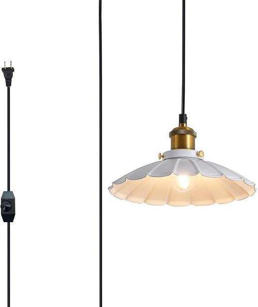 Plug in Pendant Light Industrial 9.8 Inch White Lampshade Kitchen Island On/Off Switch Hanging Lamp Plug in Adjustable 14Ft Cord Hanging Lights for Bedroom and Living Room
