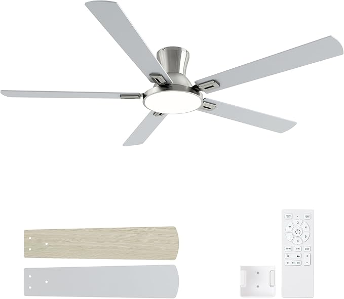 60 Inch Brushed Nickel Ceiling Fans with Lights and Remote, Flush Mount Low Profile 5 Blades Ceiling Fan with 10 Inch Lighting Fixture, Quiet Reversible DC Motor for Living Room, Bedroom and Patio