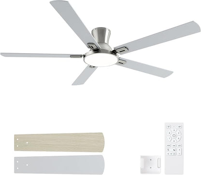 60 Inch Brushed Nickel Ceiling Fans with Lights and Remote, Flush Mount Low Profile 5 Blades Ceiling Fan with 10 Inch Lighting Fixture, Quiet Reversible DC Motor for Living Room, Bedroom and Patio