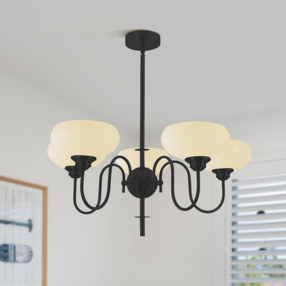 BOKT Black Chandelier for Bedroom, Modern Milk White Bowl Chandelier for Living Room, Adjustable 5 Light Farmhouse Chandeliers with Extension Rods