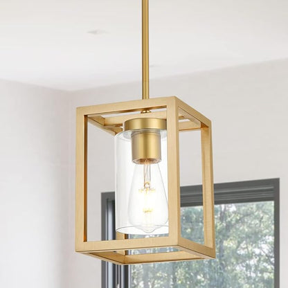 1-Light Rustic Chandelier in Gold Finish Modern Industrial Pendant Lighting Fixture with Clear Glass Shade Hanging Ceiling Light for Dining Room