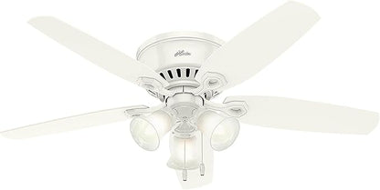 Hunter 52 inch Indoor Ceiling Fan with LED Lights - White Ceiling Fan with Pull Chain, For Bedroom, Living Room, or Kitchen, Low Profile Flush Mount, No Remote, 5 Blades - Builder 53326, Snow White