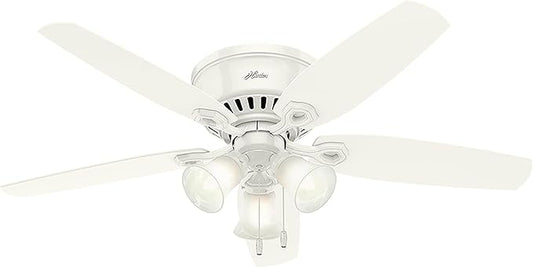 Hunter 52 inch Indoor Ceiling Fan with LED Lights - White Ceiling Fan with Pull Chain, For Bedroom, Living Room, or Kitchen, Low Profile Flush Mount, No Remote, 5 Blades - Builder 53326, Snow White