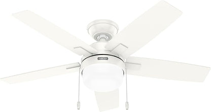 Hunter 44 inch Indoor Ceiling Fan with LED Light - White Ceiling Fan with Pull Chain, for Bedroom or Living Room, Standard Mount, No Remote, 5 Blades, Includes Bulbs - Anisten 52488, Fresh White
