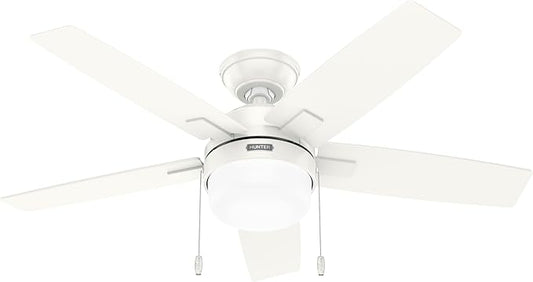 Hunter 44 inch Indoor Ceiling Fan with LED Light - White Ceiling Fan with Pull Chain, for Bedroom or Living Room, Standard Mount, No Remote, 5 Blades, Includes Bulbs - Anisten 52488, Fresh White