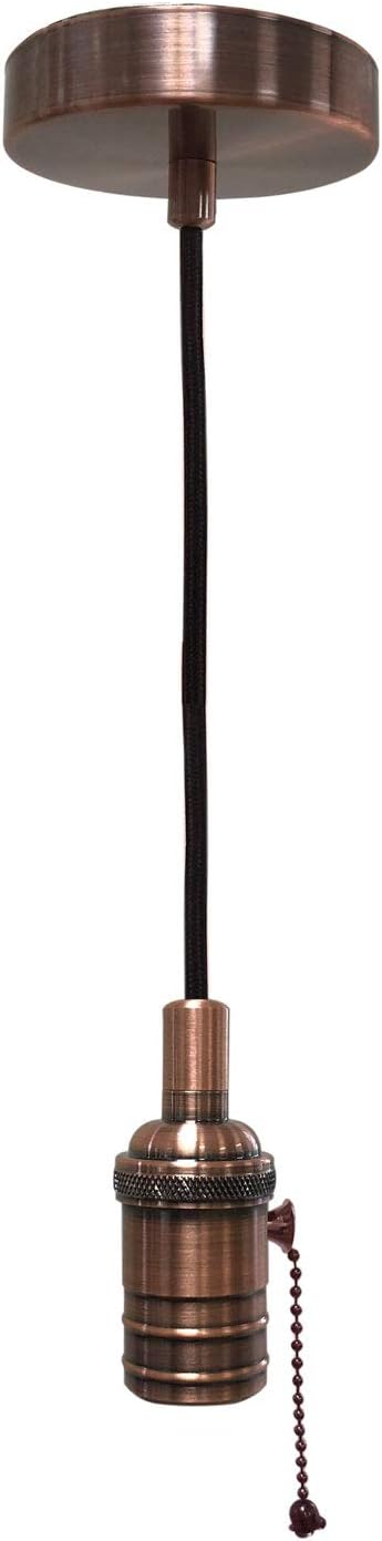 Royal Designs, Inc. Hanging Pendant Lighting, Vintage-Style Pull Chain Pendant Light Socket and Canopy, Antique Copper with Brown Rayon Fabric Cord