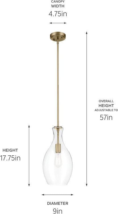 Kichler Everly 1-Light Bell Pendant Light Fixture with Clear Seeded Glass in Brushed Natural Brass for Kitchen Island, Dining Room, or Home Bar (17.75" x 8.75"), 42047NBRCS