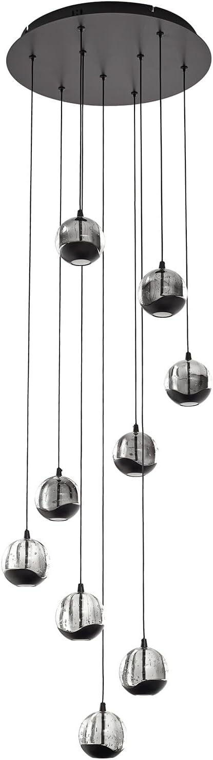 9-Light Modern Black Glass Globe Chandelier, Hanging Cluster Pendant Light Kitchen Island & Foyer Chandelier, Warm White 3000K, 4230 Lm, LED Modern Chandelier, Ø 15.75 in