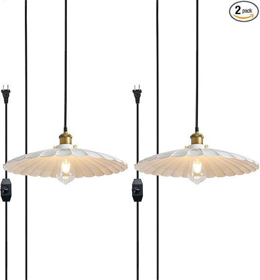 Plug in Pendant Light 13.8 Inch White Round Metal Shade Vintage Hanging Lamp Plug in 14Ft Adjustable Dome Industrial Hanging Plug in Light for Living Room 2Pack