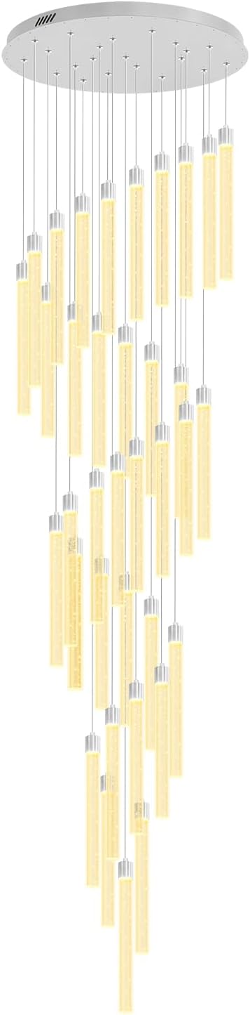200'' Long Crystal Column Chandelier Silver 36-Lights Extra Large Staircase Chandeliers Dimmable LED Ceiling Lighting Foyer Entryway Light Source is Replaceable