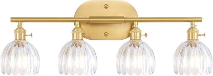 Shenmoyl Bathroom Light Fixtures, 4-Light Brass Vanity wall Light Over Mirror with Clear Tulip Glass Shade for Bedroom Living Room (Bulb Not Included)