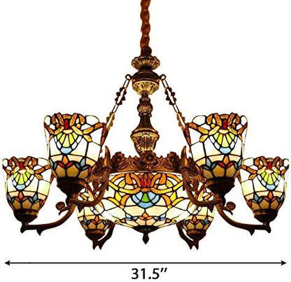 Pendant Lighting LED Victorian Chandelier Light Antique Tiffany Style Stained Glass 6+1-Light Hanging Light for Dining Living Cafe Room Restaurant - TYP C1
