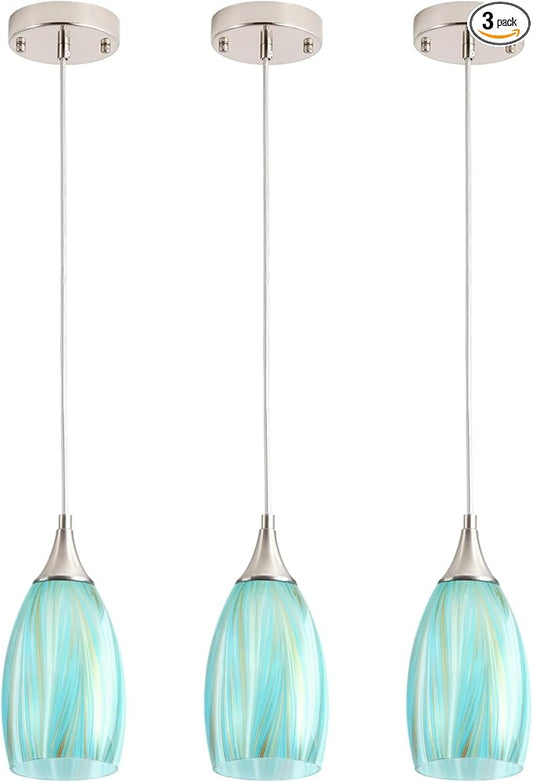 GLADFRESIT Sky Blue Serenity Pendant Light for Kitchen Islands – Artisanal Elegance with Adjustable Nylon Core and Ceramic Holder, Pack of 3 for Dining Room, Entryway (Bulb Excluded)