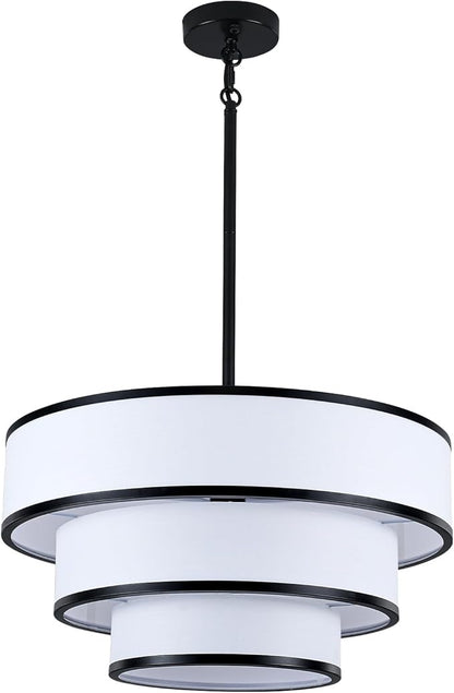 Drum Chandelier for Dining Room, 5-Light Modern Black Chandelier with White Fabric Shade, 20" Hanging Linen Drum Pendant Ceiling Light Fixture for Kitchen Island Bedroom Living Room