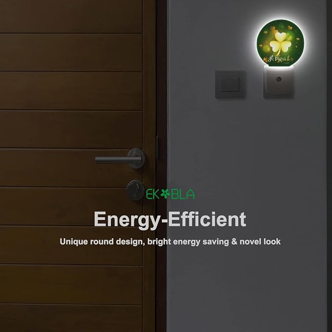 EKOBLA St. Patrick's Day Plug-in Night Light, Glitter Golden Clover Leaf LED Nightlight with Auto Sensor for Home Decor