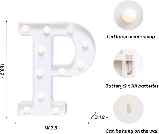 Foaky LED Letter Lights Sign Marquee Light Up Letters Sign for Night Light Wedding/Birthday Party Battery Powered Christmas Lamp Home Bar Decoration(P)