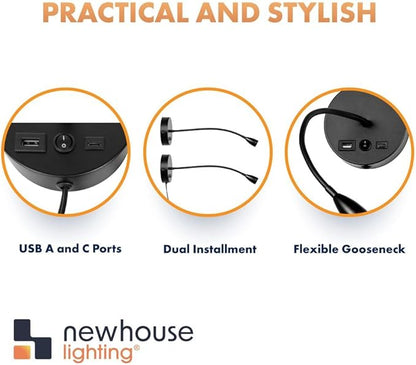 Newhouse Lighting 4.5 in. W x 15 in. H Cole Gooseneck Reading Light in Matte Black with USB-A and USB-C Charging Ports NHRL-CO-BLK, Bedside Lamp for Nightstands, Space-Saving Office Desk Accessory