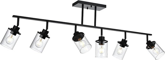 Yaohong 6-Light Track Lighting Kit Black Track Lighting Fixtures, Bathroom Wall Light Ceiling Mount Rotatable Spotlights, Kitchen Ceiling Light Fixtures with Glass Shade for Bathroom Hallway Shop