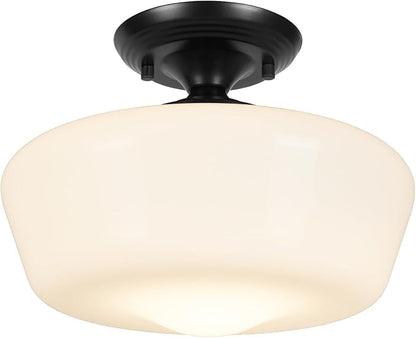 Schoolhouse Style Semi Flush Mount Ceiling Light Fixture, 12" Modern Hallway Ceiling Lamp with Opal Milk Glass Shade, Farmhouse Globe Light for Bedroom Kitchen Hallway Entryway Laundry