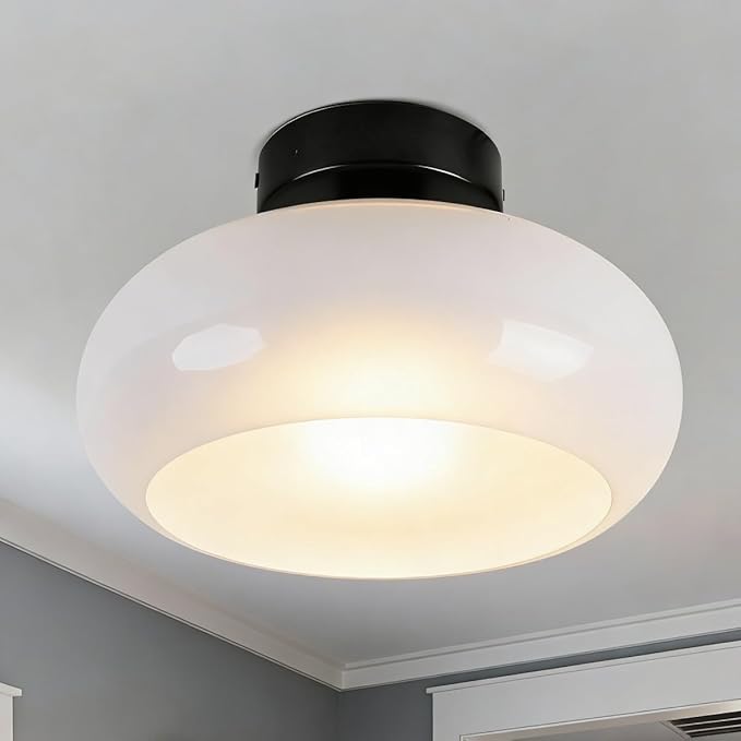 Black Semi Flush Mount Ceiling Light Mid Century Modern Entryway Light Fixture 11” Glass Globe Flush Mount Light Fixture for Hallway Kitchen Bedroom Closet