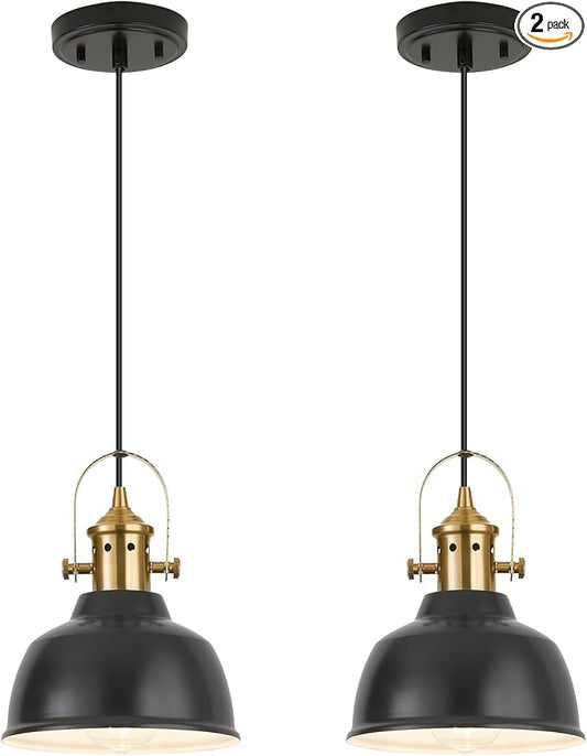 Farmhouse Small Pendant Lights, Black Pendant Lighting for Kitchen Island, lndustrial Adjustable Height Hanging Light for Barn, Dining Room, 2 Pack
