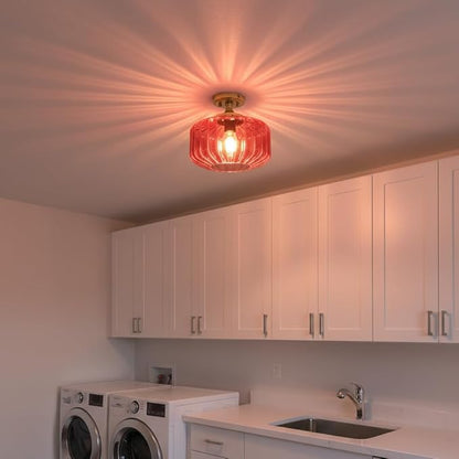 Gold Bathroom Ceiling Light Fixtures Vintage Ribbed Glass Overhead Light Flush Mount Ceiling Light 1-Light Red Chandelier Kitchen Light for Laundry Room Foyer Closet