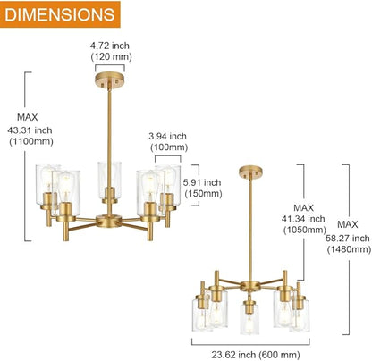 Retro Large Chandelier with Clear Glass Shade Metal Indoor Kitchen Island Pendant Lighting in Gold Finish Modern Light Fixture Hanging for Dining Room