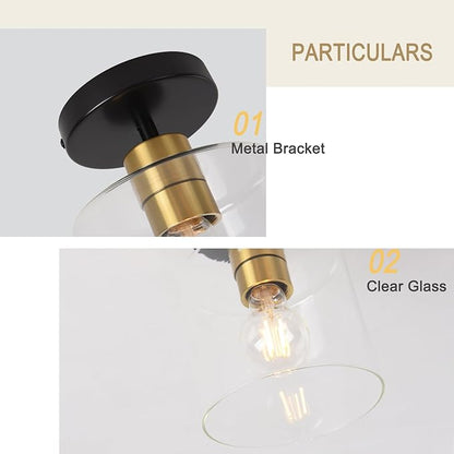 Black Brass Semi Flush Mount Ceiling Light,Modern Farmhouse Ceiling Light Fixture for Closet Entryway,Hallway Light Fixture 5.9in Clear Glass Shade 1 Pack