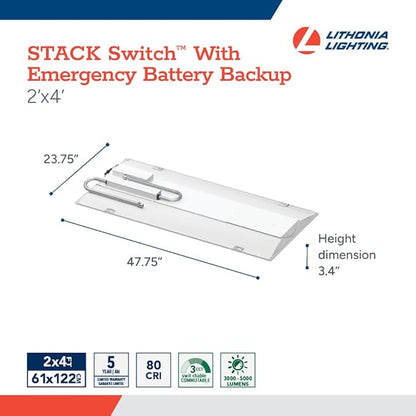 Lithonia Lighting 2x4 LED Troffer Light, Stack Switch LED Lay-in Ceiling Light Fixture, Adjustable Lumens, 3500K/4000K/5000K Switchable Color Temperature, Includes Emergency Battery Backup, White