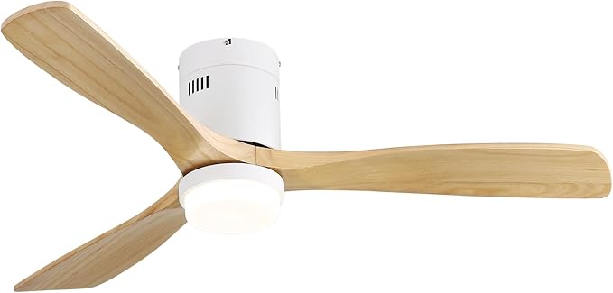 CACI Mall 52 Inch Wood Flush Mount Ceiling Fan with Lights, 3 Blades, Low Profile, Modern, 3CCT, Dimmable, Noiseless, Remote Contral, Outdoor Indoor Ceiling Fans for Bedroom/Farmhouse/Patio