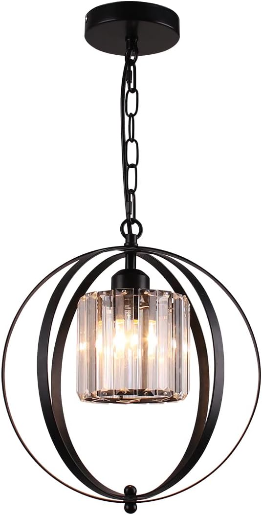 FRIXCHUR Farmhouse Chandelier Crystal Pendant Light Adjustable Hanging Light Fixtures Orb Globe Chandeliers for Kitchen Island Dining Room Foyer Bedroom (Black)