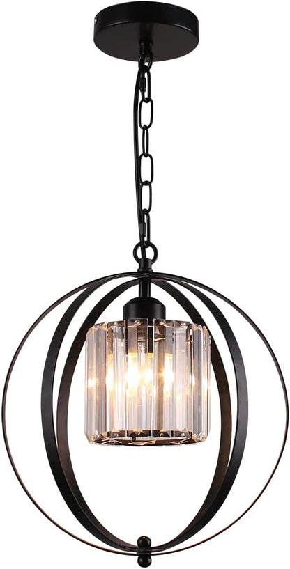 FRIXCHUR Farmhouse Chandelier Crystal Pendant Light Adjustable Hanging Light Fixtures Orb Globe Chandeliers for Kitchen Island Dining Room Foyer Bedroom (Black)