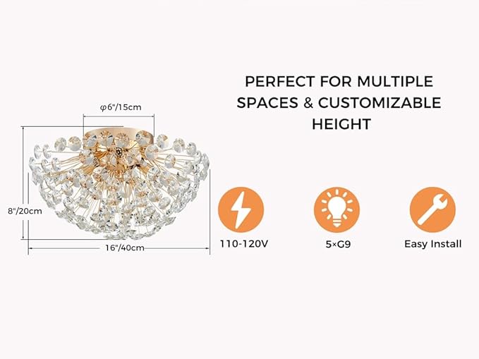AGV LIGHTING Modern Crystal Flush Mount Ceiling Light Fixture, Dandelion Sputnik Semi Flush Mount Ceiling Light, 16" 5-Light with G9 Base Gold Ceiling Light Fixture