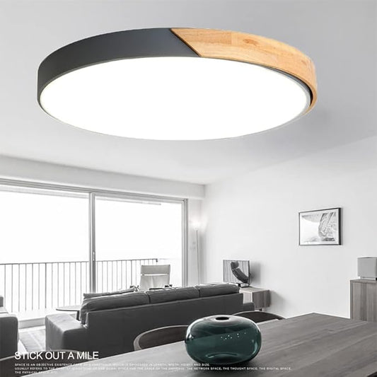 LED Ceiling Light Fixture,16 Inch Modern Wood Recessed Ceiling Lights, Dimmable Light,Grey 24W Close to Ceiling Lighting Flush Mount Living Room Bedroom,3000K-6000K