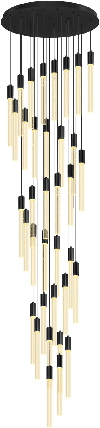 200" Extra Long Crystal Chandelier for High Ceiling 36-Light Black Crystal Column Chandeliers Modern Dimmable LED Ceiling Light for Foyer Entryway Staircase Double-Height Hotel Lobby