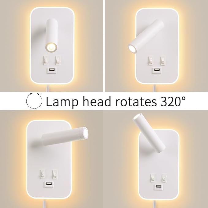 Wall Sconce Plug in with Wall Mounted Reading Lights, Wall Lamp for Bedroom with Charging Station USB Ports,Headboard Bedside Lamps, Plug-in or Hardwired, Eye-Caring Bedroom Lighting, White