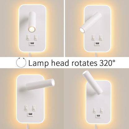 Wall Sconce Plug in with Wall Mounted Reading Lights, Wall Lamp for Bedroom with Charging Station USB Ports,Headboard Bedside Lamps, Plug-in or Hardwired, Eye-Caring Bedroom Lighting, White