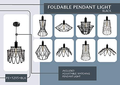 Royal Designs, Inc. Foldable Industrial Metal Pendant Light with Adjustable 7 ft Long Lamp Cord & Canopy, Create 9 Different Shapes, Black, Single