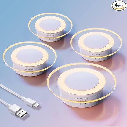 4 Pack Magnetic Motion Sensor Night Light with Stick-On Base, Cruise Rechargeable Battery Powered Cordless Glow Light, Ideal for Bedroom, Bathroom, Stairway- Moonlit