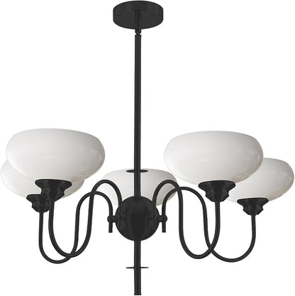 BOKT Black Chandelier for Bedroom, Modern Milk White Bowl Chandelier for Living Room, Adjustable 5 Light Farmhouse Chandeliers with Extension Rods